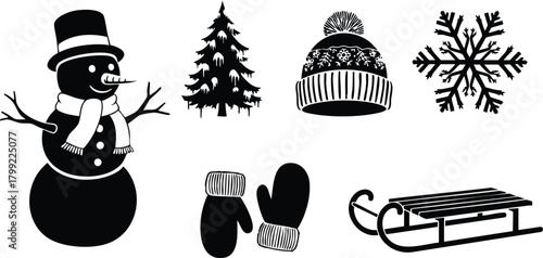 Snowman winter holiday icons including tree, hat, mittens, snowflake, and sled vector illustration set 