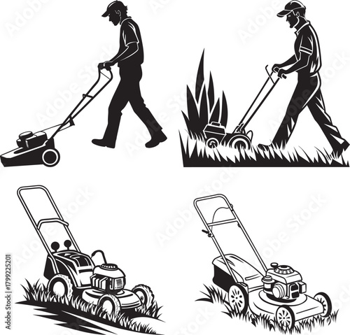 man mowing lawn silhouette vactor template illustration icon,
