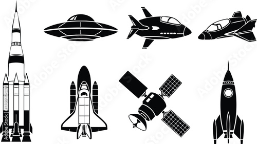 Spacecraft and rocket silhouettes vector set with satellite and UFO illustration in black and white 