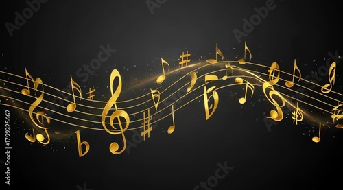 Elegant gold music notes animation on black background with sparkling effects, create beautiful