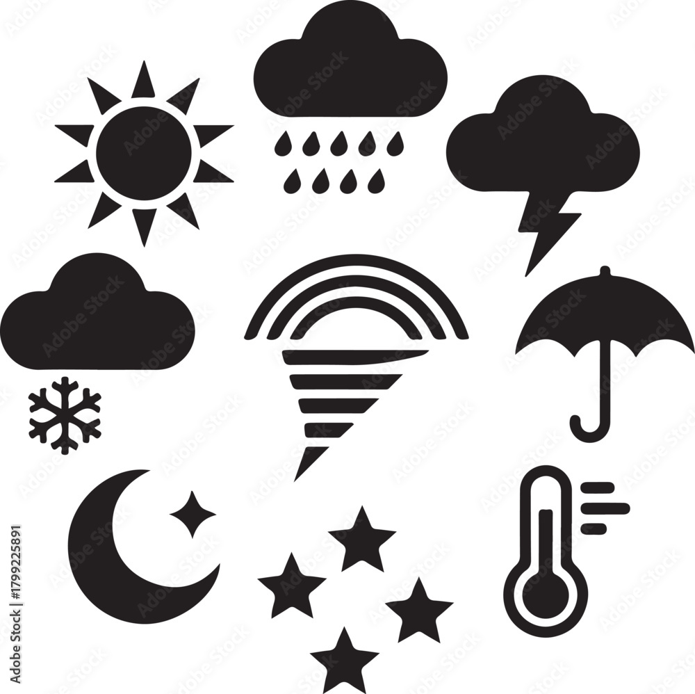 Obraz premium Weather icons forecast sunshine, rain, and storms