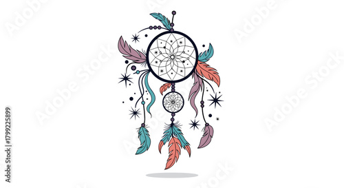 A captivating dreamcatcher adorned with colorful feathers and intricate celestial charms hangs against a white background.