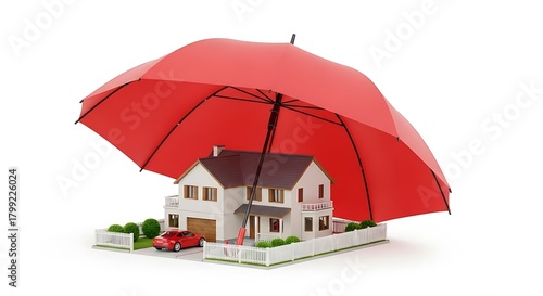 House and car protected by a large red umbrella on white background home automobile