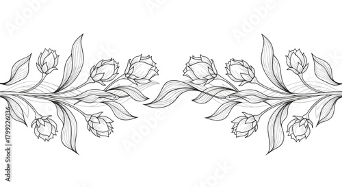 A decorative border design featuring symmetrical floral elements and delicate leaves drawn in a classic sketch style.