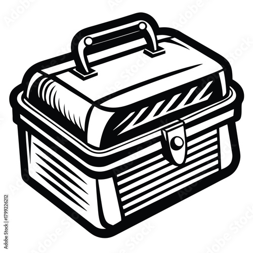 Stylish shows closed tackle box with horizontal lines, top handle, in black and white