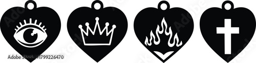 Heart shaped pendants with eye crown fire and cross religious and symbolic designs vector illustration 