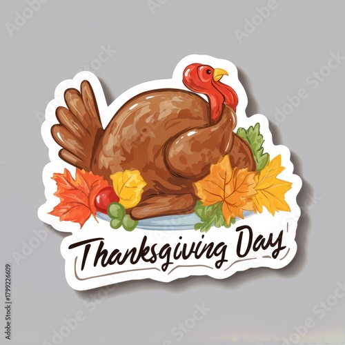 Roasted thanksgiving turkey festive autumn leaves sticker