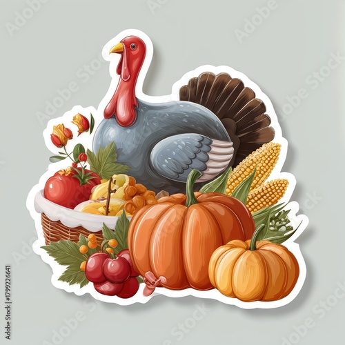 Thanksgiving harvest turkey with pumpkins and corn