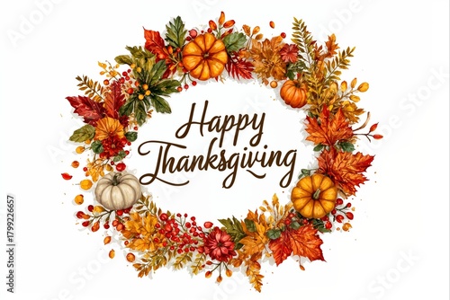 Hand-painted autumn thanksgiving wreath greeting