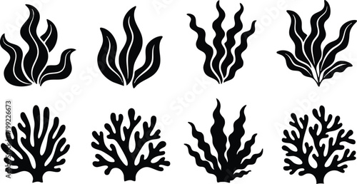 Collection of black seaweed and coral shapes vector illustration for underwater and ocean design elements 