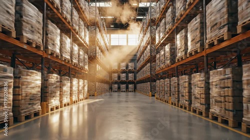 Wallpaper Mural Automation robot moving through a large, modern warehouse with high racking system and pallets of goods near a port. Torontodigital.ca