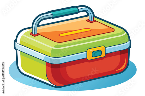 Colorful cartoon toolbox with blue handle has orange, green, and red compartments