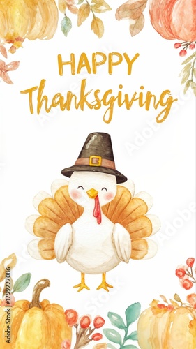 Cute watercolor thanksgiving turkey with pumpkin border