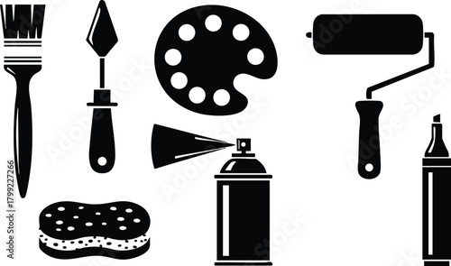 Painting tools and equipment vector illustration with brush palette roller sponge spray paint and marker 