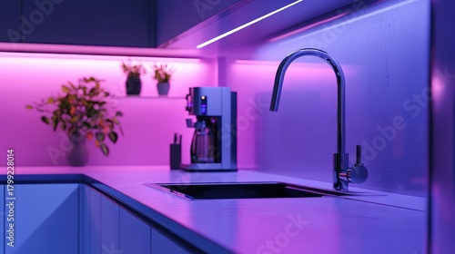 Modern kitchen interior with futuristic neon ambient lighting