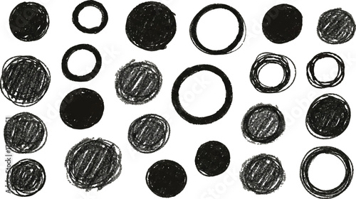 described features a collection of 23 hand-drawn circles and rings created with black charcoal, showcasing a variety of sizes and fills.
