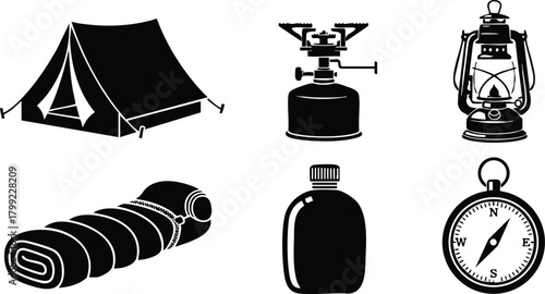 Camping equipment collection including tent stove lantern sleeping bag water bottle compass vector illustration 