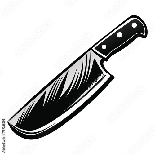 Highly detailed cleaver presents a metallic finish with contrasting black handle grips prominently featured