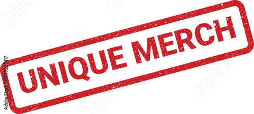 Striking red textured rubber stamp displaying the words ‘UNIQUE MERCH’ for branding and promotional material applications