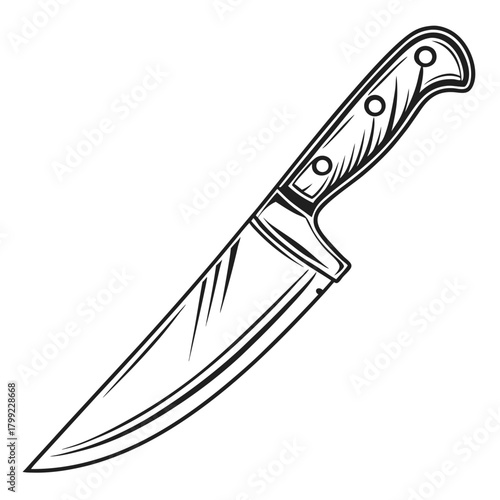 Outlined kitchen knife displays a metallic blade with a wooden handle showing circle patterns