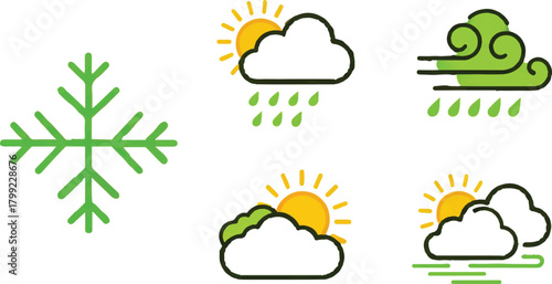 described features a collection of five clip-art style weather icons, each representing different weather conditions and elements.