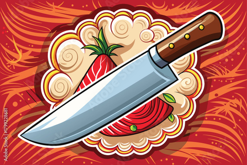 A silver knife rests atop sliced red fruit with green leaves in artwork