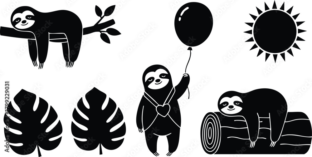 Naklejka premium Sloth Animals Relaxing on Branch and Log with Balloon and Sun Vector Illustration for Nature Design 