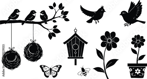 Bird silhouettes with nests, flowers, butterfly, and bee vector illustration for nature and garden themes 