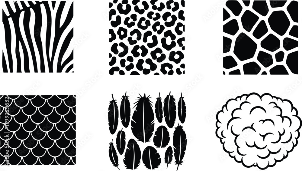 Fototapeta premium Animal Skin and Feather Patterns Including Zebra, Leopard, Giraffe, Fish Scales, Bird Feathers, and Sheep Wool Textures Vector Illustration