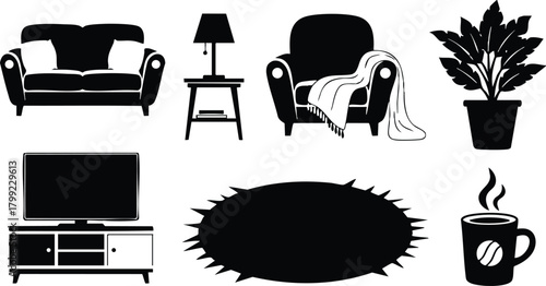 Living room furniture set with sofa armchair lamp tv table rug plant and coffee cup vector illustration 