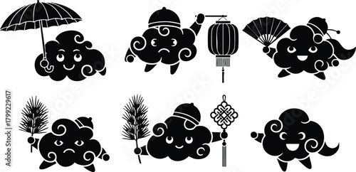 Cute cloud characters holding umbrella fan lantern and plants in black silhouette vector illustration 