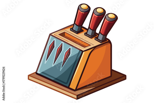 A block with three knives stands orderly in the kitchen near other utensils