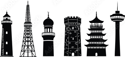 Silhouette collection of iconic lighthouses and towers in black vector illustration design 