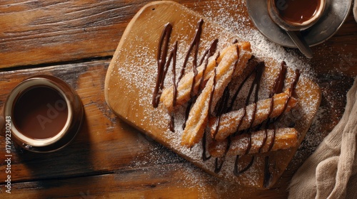 Overhead Shot of Churros with Chocolate Sauce