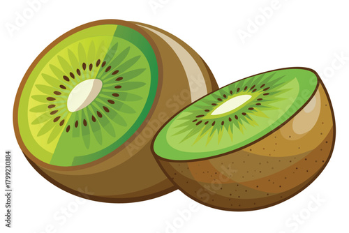 Cartoon kiwi fruit with one half cut, revealing the green flesh and seeds