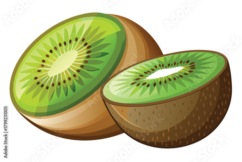 Sliced kiwi fruit shows its green flesh and tiny black seeds clearly on white