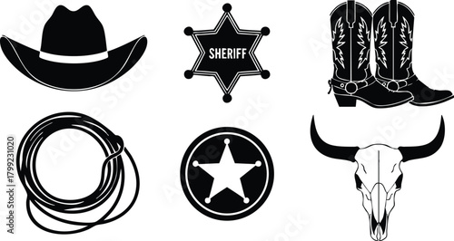 Western cowboy hat sheriff badge boots lasso and bull skull vector silhouette set 