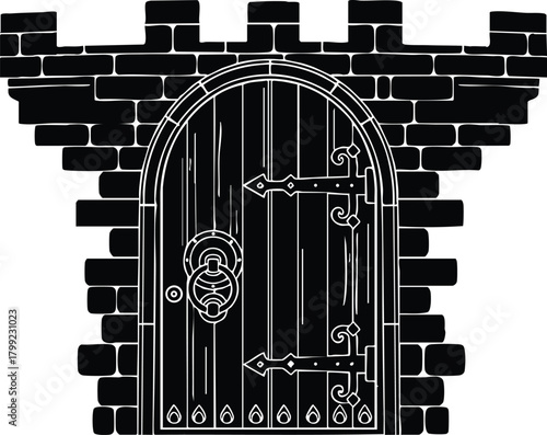 Medieval castle door with stone brick archway vector illustration in black and white style 
