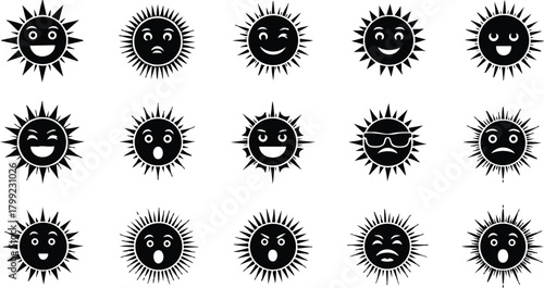Sun icons with various facial expressions in black silhouette vector for design and illustration purposes 
