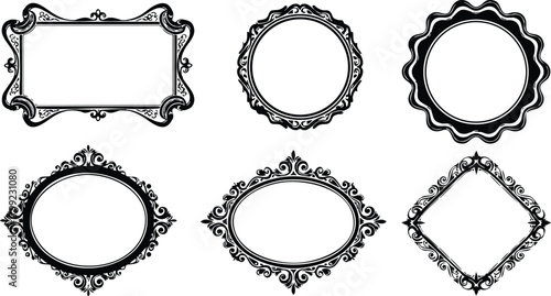 Ornate vintage frame collection with intricate floral and scrollwork designs in black vector illustration set 