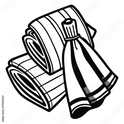 Three striped towels are neatly stacked with a tied up folded towel as shown