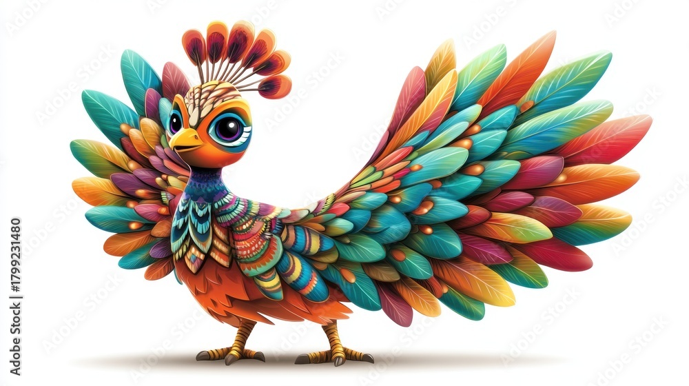 Obraz premium Vibrant and Colorful Peacock Illustration with Intricate Feather Patterns and Expressive Eyes on a White Background