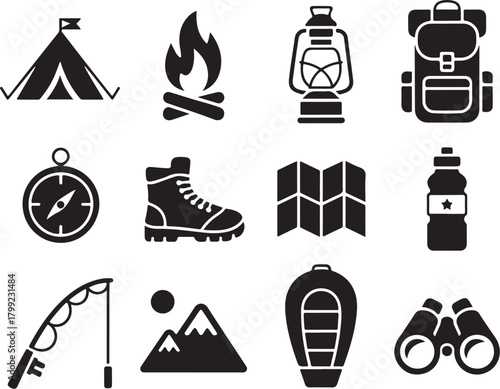 Outdoor adventure icons for camping and exploration