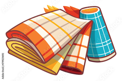 Stacked orange and yellow checkered cloth towels sits beside a blue and white fabric