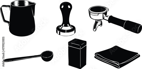 Coffee making accessories silhouette set with frothing pitcher tamper portafilter spoon and cloth vector illustration 