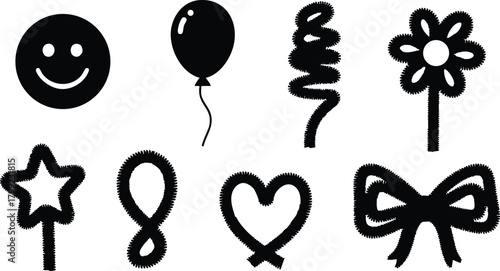 Collection of Simple Black Magic Wand and Party Balloon Vector Icons for Celebration and Fun Decoration 