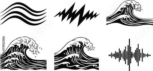 Ocean wave and water sound wave black vector illustrations with dynamic motion lines and sound waveform elements 