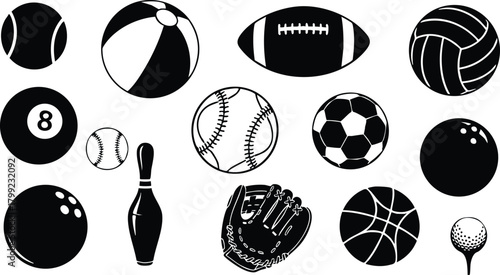 Collection of Various Sports Balls and Equipment Including Baseball Bat, Football, Basketball, and Bowling Pins Vector Illustration 
