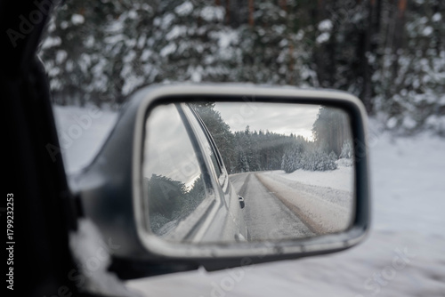 Winter Road Reflection in Car Side Mirror
