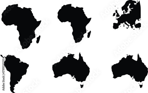 Silhouettes of six continents Africa Europe South America Australia in black vector illustration 